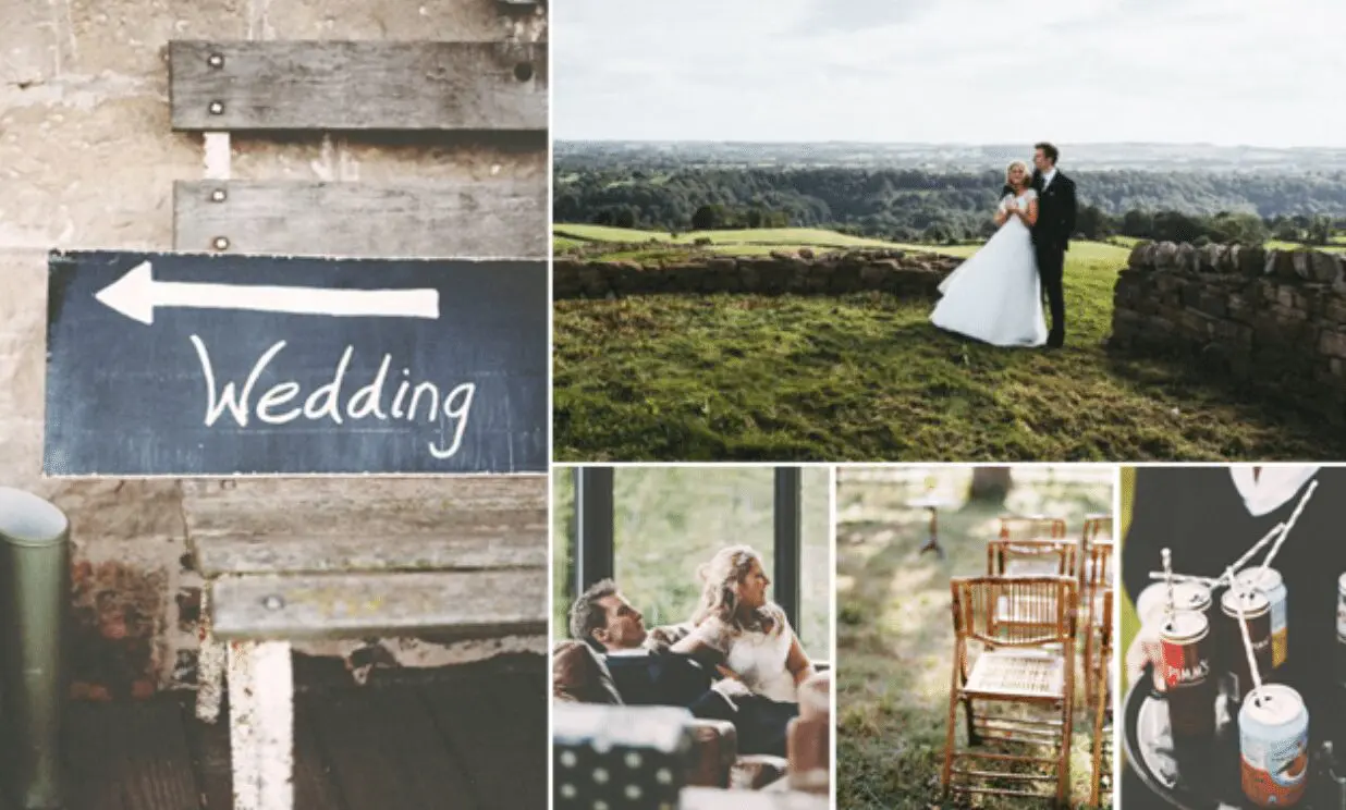 A stunning collage capturing the joyous moments of a wedding ceremony, featuring an elegantly designed sign and a radiant bride and groom.