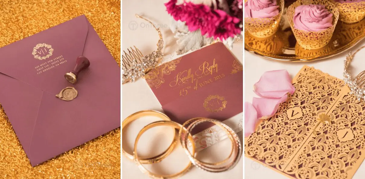 Elegant wedding invitations in gold, pink, and purple.