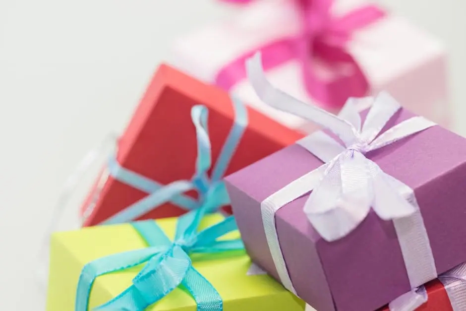 Colorful wedding gift boxes on a white background.