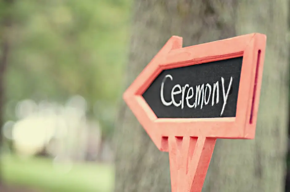 A wooden sign with the word ceremony on it, perfect for wedding planning or a wedding business.