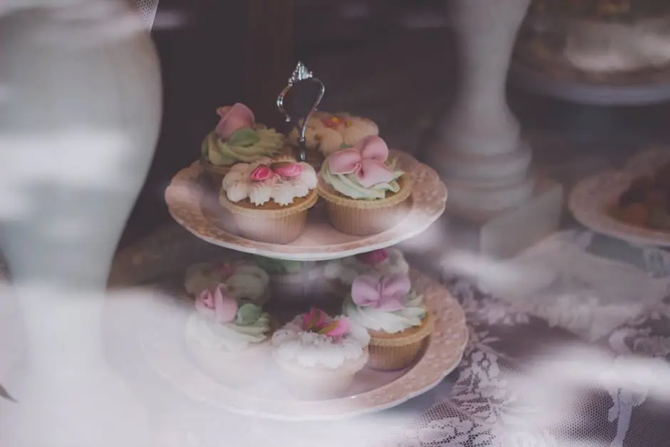 Two tiers of cupcakes on a table, perfect for wedding planning.