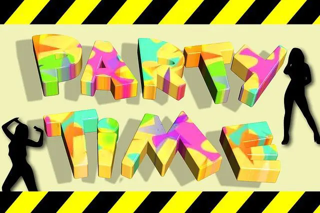 The word party time is written on a yellow and black background, perfect for wedding planning or wedding services in the UK.