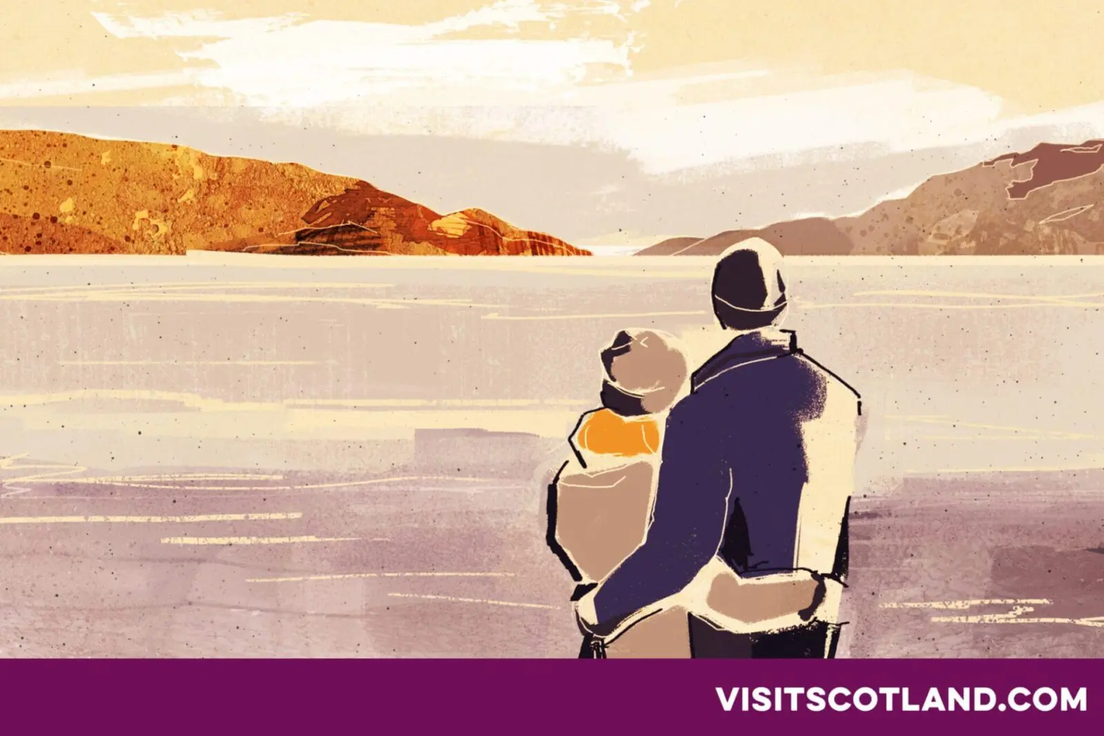 An illustration of a couple embracing while looking at a serene lake and hills in the background, perfect for inspiring those planning their wedding in the UK. The VisitScotland.com logo is at the bottom right corner.