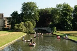 People are punting on a river surrounded by green trees and grass, with a stone bridge in the background under a clear sky—a perfect setting for wedding planning.