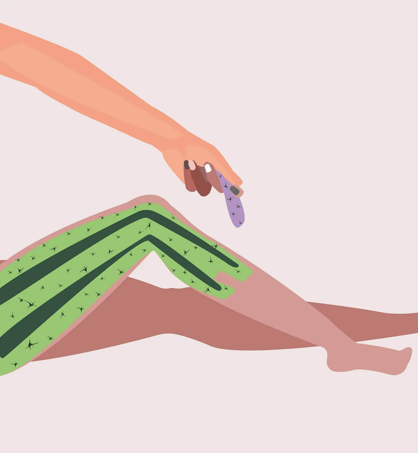 A person holding a razor shaves their hairy leg.