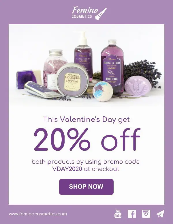 Promotional poster for Femina Cosmetics offering 20% off bath products for Valentine's Day with promo code VDAY2020. Various bath items and accessories are displayed against a white backdrop.