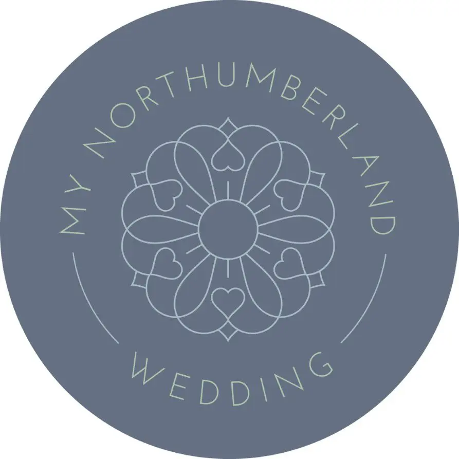 Circular logo with the text "My Northumberland Wedding" surrounding a floral geometric design on a slate blue background, reflecting the elegance and charm of wedding planning in the UK.