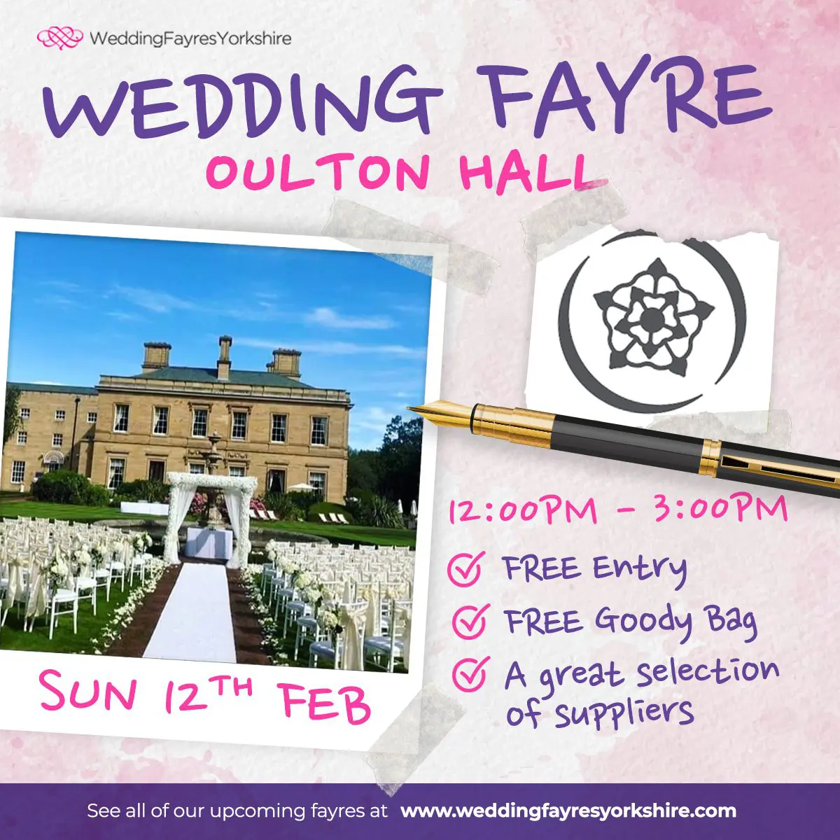 Join us for a stunning wedding fayre at Oulton Hall on Sunday, 12th February, from 12:00 PM to 3:00 PM. Dive into your wedding planning with venue tours, meet top suppliers, and enjoy free entry plus a goody bag. Don't miss this essential event for every bride and groom!