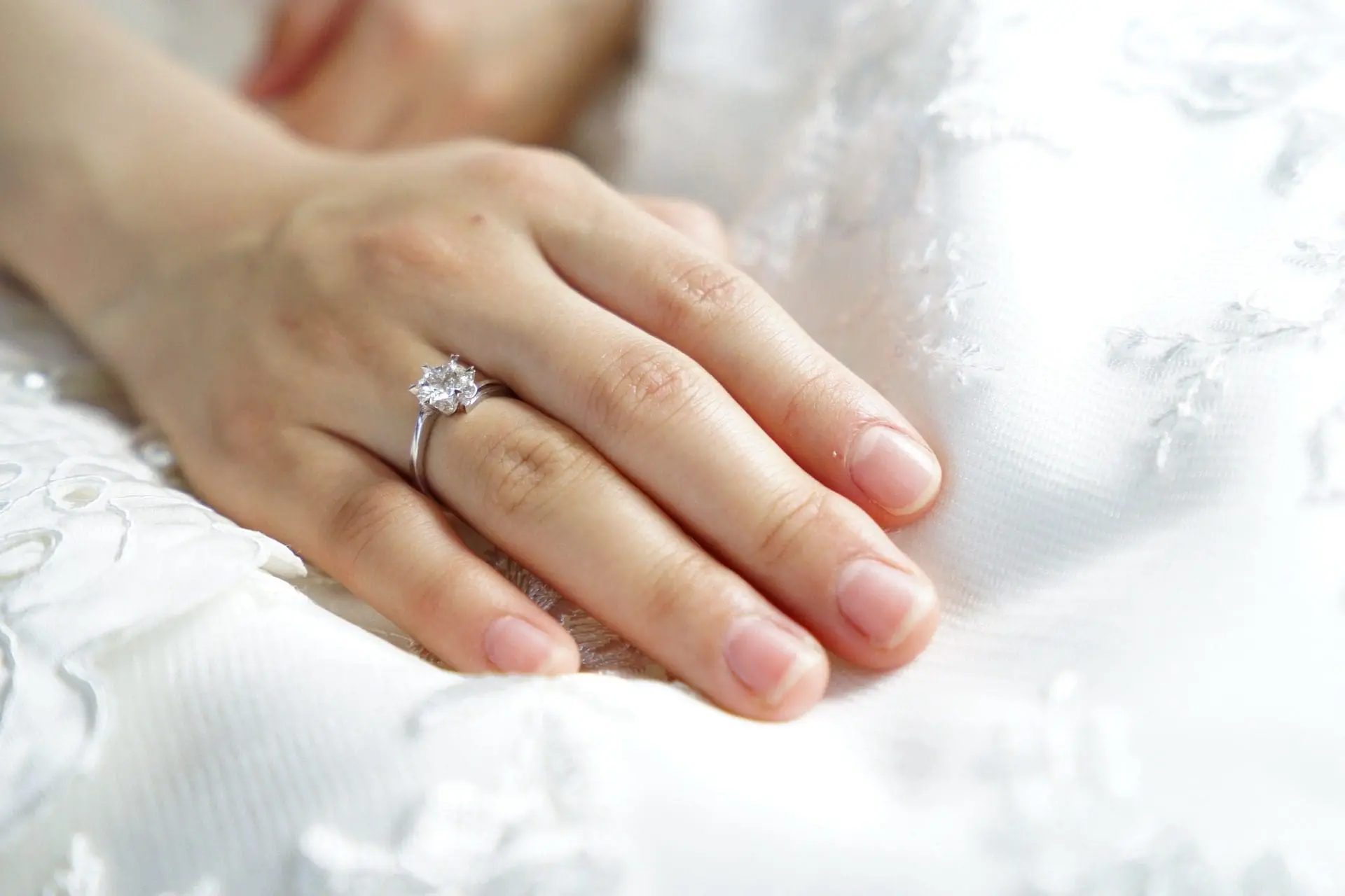 A hand wearing a diamond ring, symbolic of careful wedding planning, rests gracefully on white lace fabric.