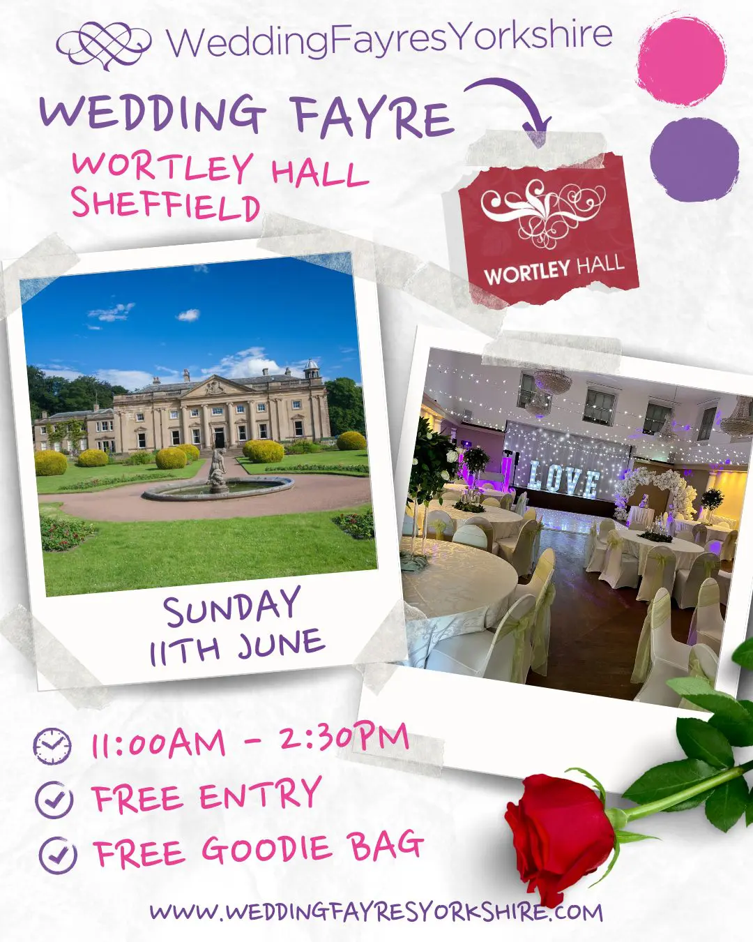 Join us at Wortley Hall in Sheffield for a stunning Wedding Fayre on Sunday, 11th June, from 11:00 am to 2:30 pm. Discover beautiful venue images and explore the thriving wedding business. Enjoy free entry and receive an exclusive goodie bag to enhance your wedding planning journey!