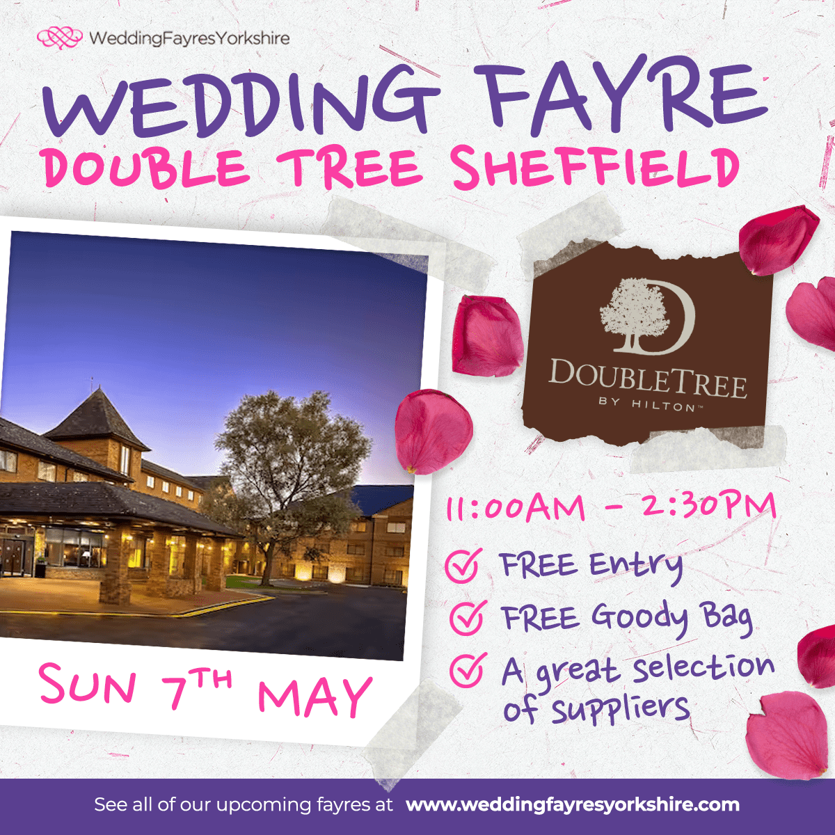 Join us for the ultimate wedding planning experience at DoubleTree by Hilton, Sheffield, on Sunday, May 7th, from 11:00 AM to 2:30 PM. Enjoy free entry and a goody bag while exploring top wedding services with an array of expert suppliers. Don't miss this chance to perfect your big day!