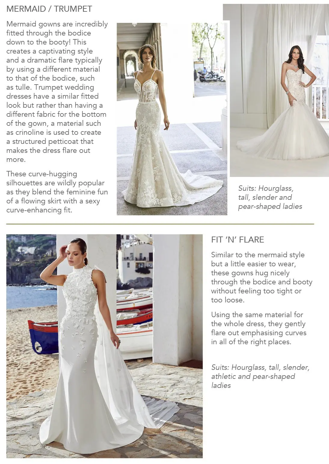A comprehensive wedding guide detailing elegant dress styles like Mermaid/Trumpet and Fit 'N' Flare, complete with stunning images and tailored body shape recommendations. Perfect for those planning their dream wedding in the UK.