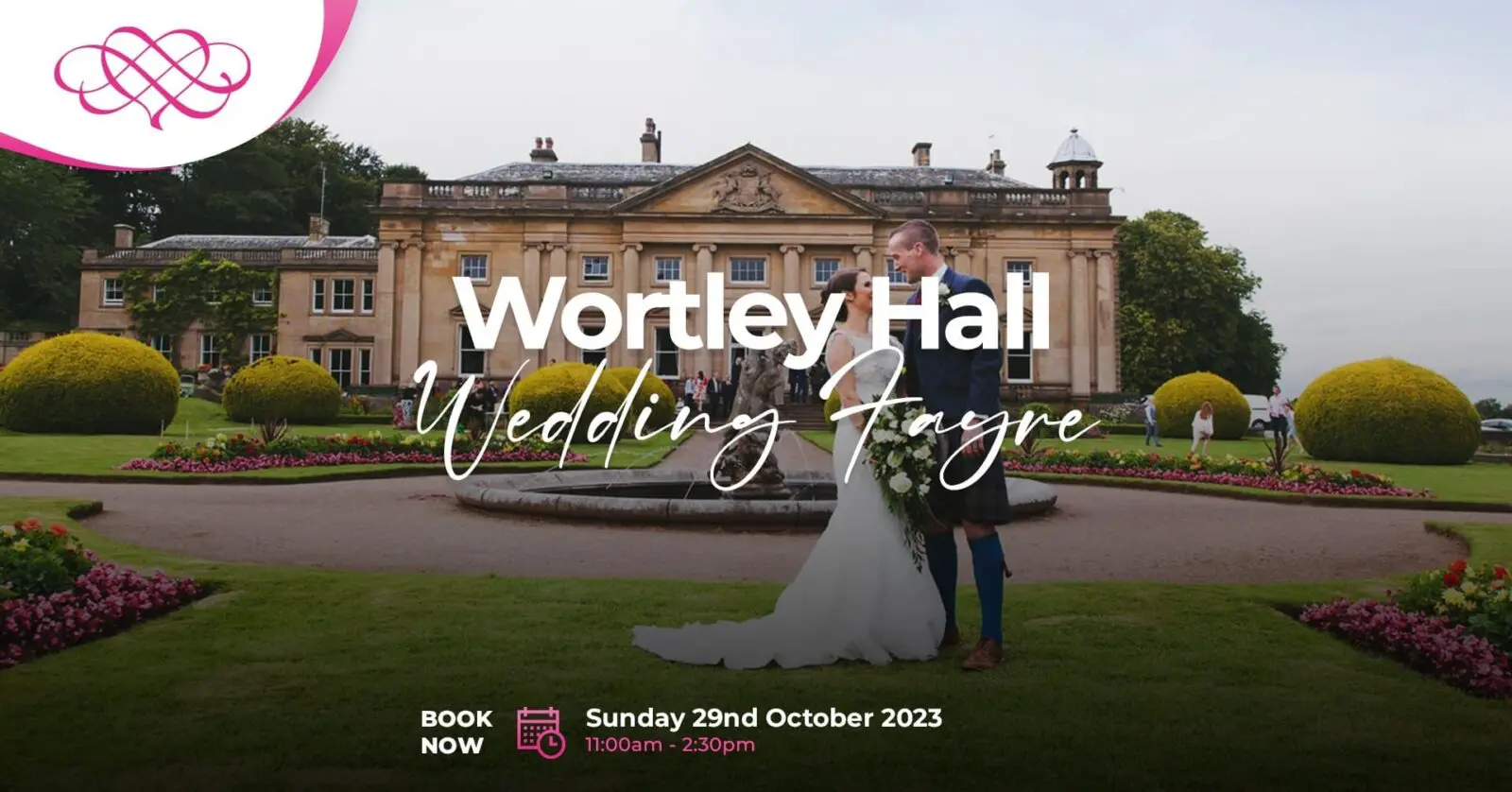 A couple in wedding attire stands elegantly before Wortley Hall. Join the "Wortley Hall Wedding Fayre" on Sunday, 29th October 2023, from 11:00 am to 2:30 pm to explore top-notch wedding services and planning ideas.