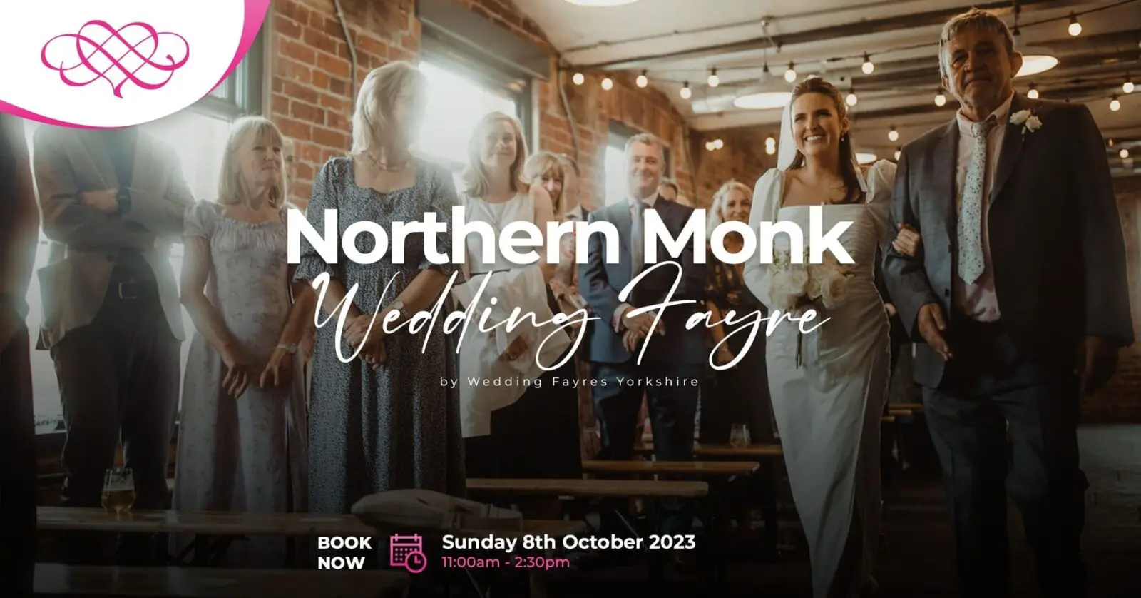 A wedding event with guests standing, a bride and groom walking in under a neon sign reading "Northern Monk Wedding Fayre" is the perfect showcase for wedding services. Join us for inspiration on Sunday 8th October 2023, from 11:00am to 2:30pm. Ideal for those planning their dream wedding in the UK.