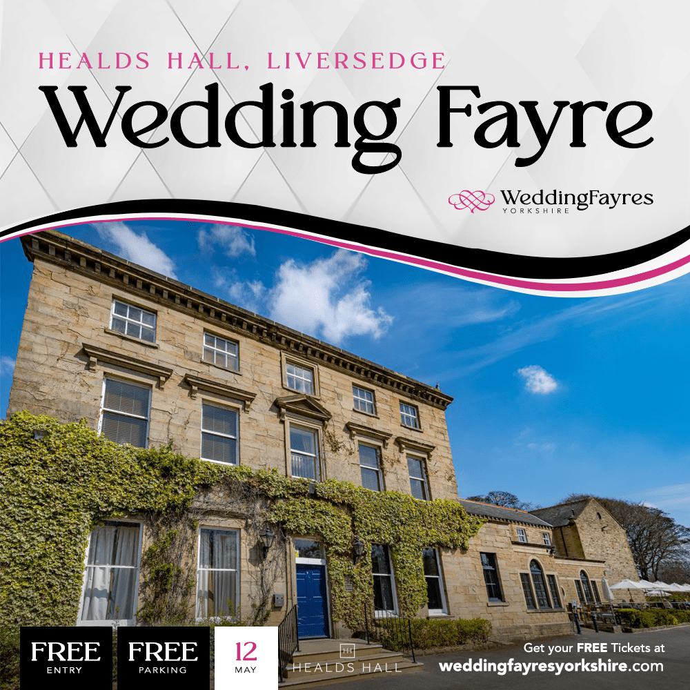 Promotional poster for the healds hall wedding fayre event with free entry and parking, scheduled for may 12.