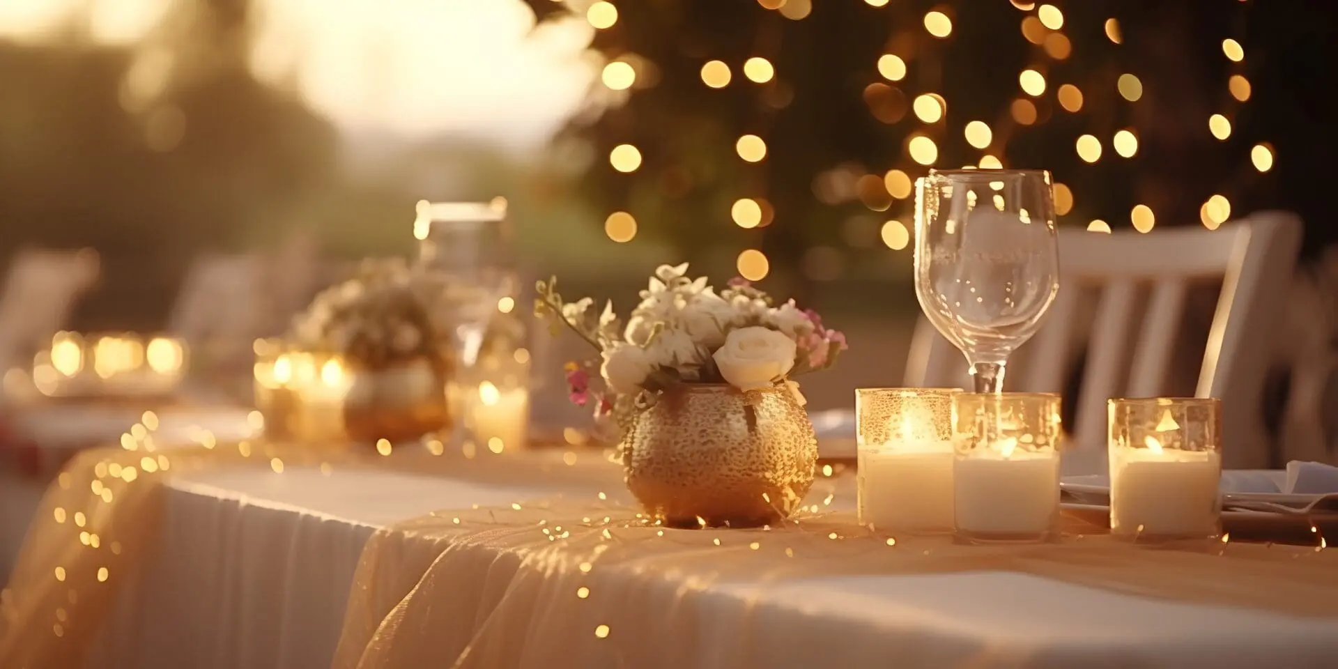 Romantic candlelit wedding with a floral centrepiece arrangement at sunset.