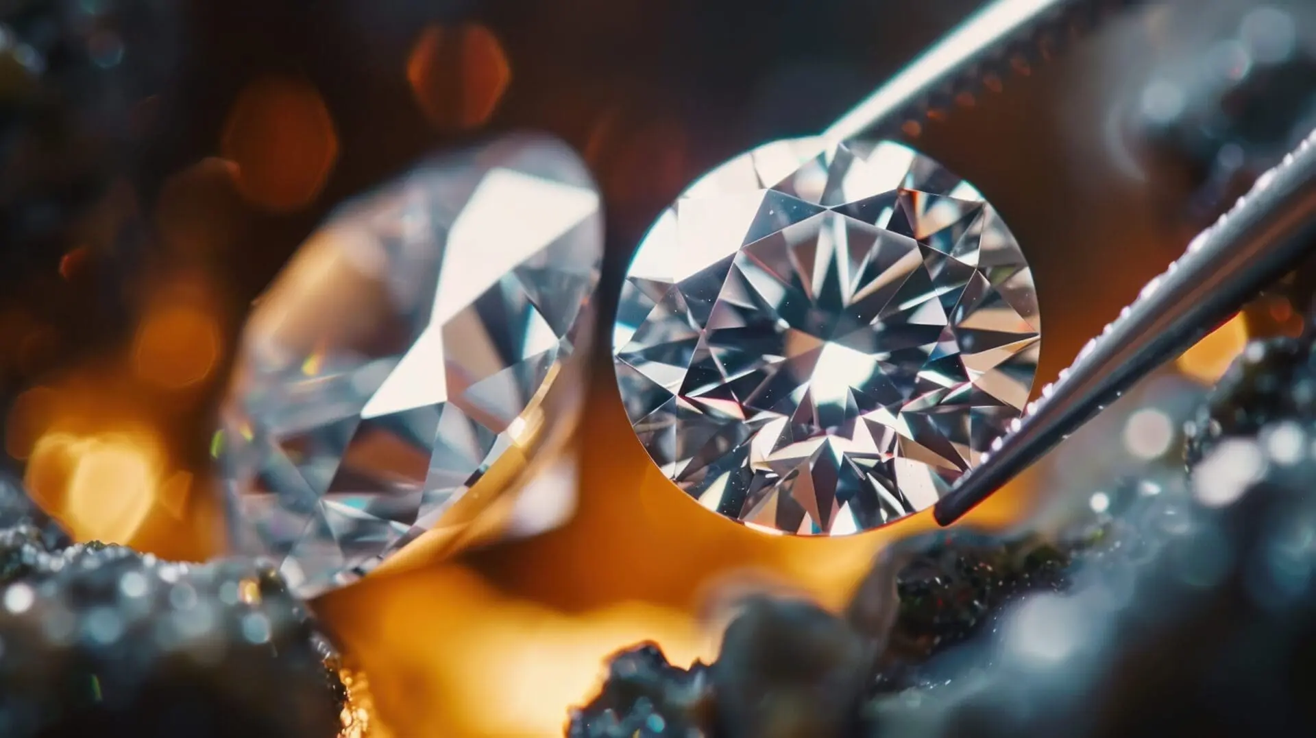 Perfect cut diamond held by tweezers reflecting the light