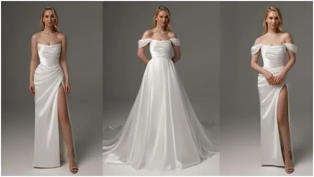 White bridal gown with off the shoulder detail and a long flowing skirt., part of the Olivia Bottega detach & shine collection.