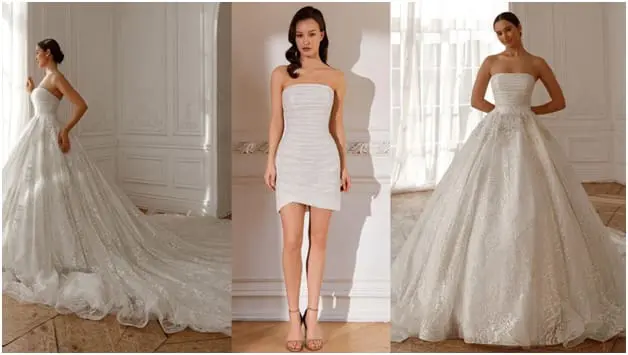 White bridal gown shown with a long flowing white skirt and as a short wedding dress.