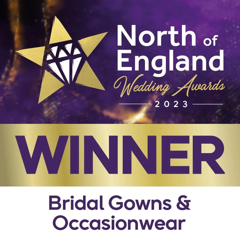 North of England Wedding Awards 2023 winner for Bridal Gowns & Occasionwear, featuring a gold star and purple background.