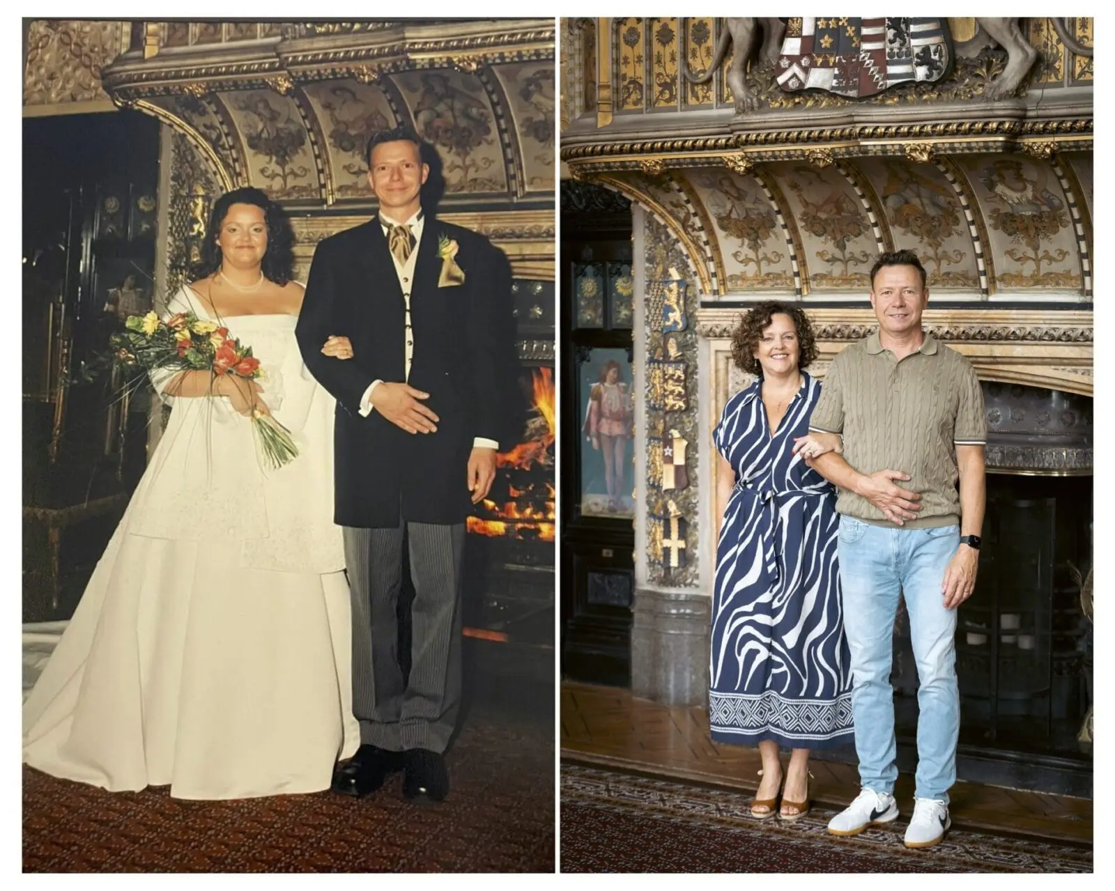 Two people pose together in the same ornate, historic room; on the left in wedding attire, and on the right in casual clothes many years later.