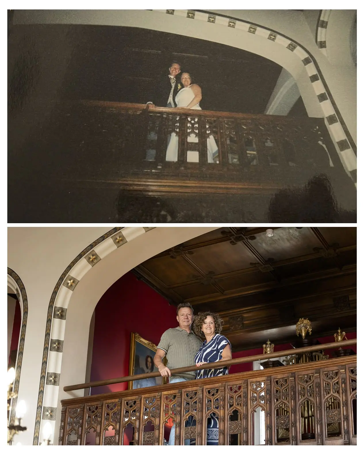 Two people pose together on the same ornate balcony in two different photos, one old and one recent, showing the passage of time in the same location.