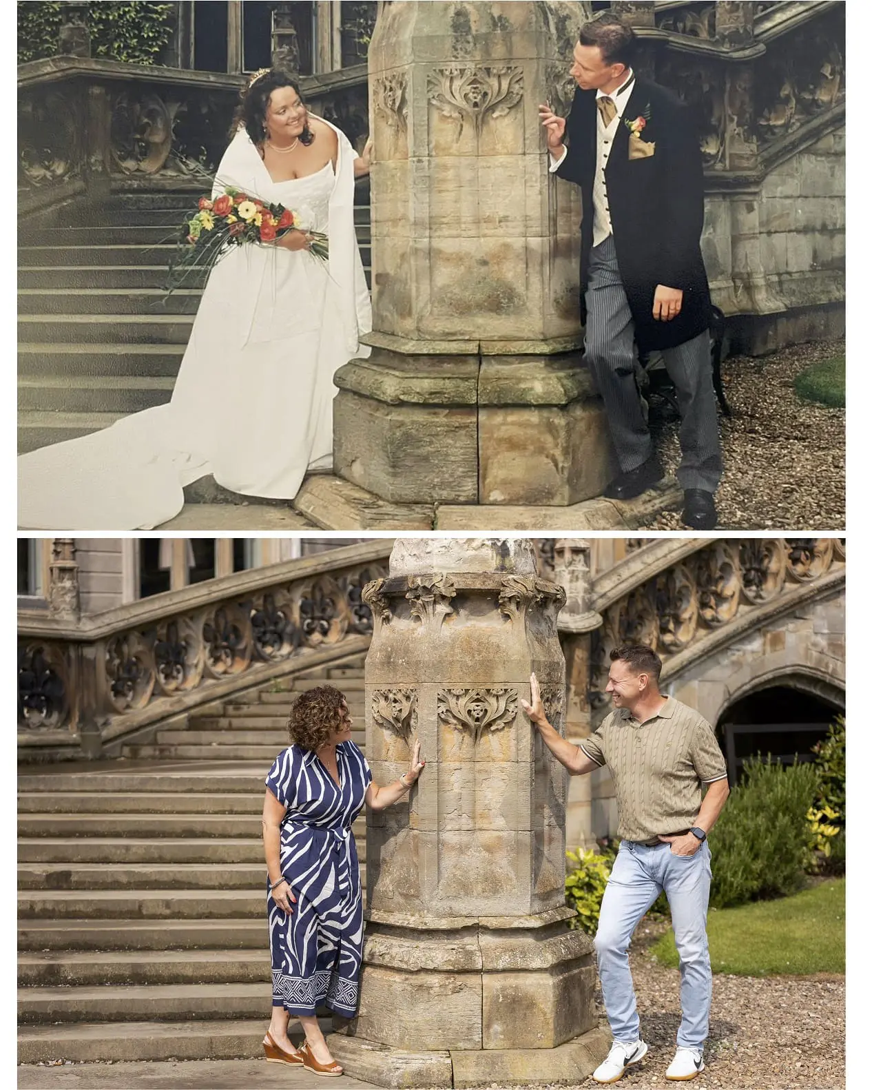 Two people pose by a stone pillar in front of outdoor steps; first in wedding attire, then years later in casual clothes, recreating the original photo.