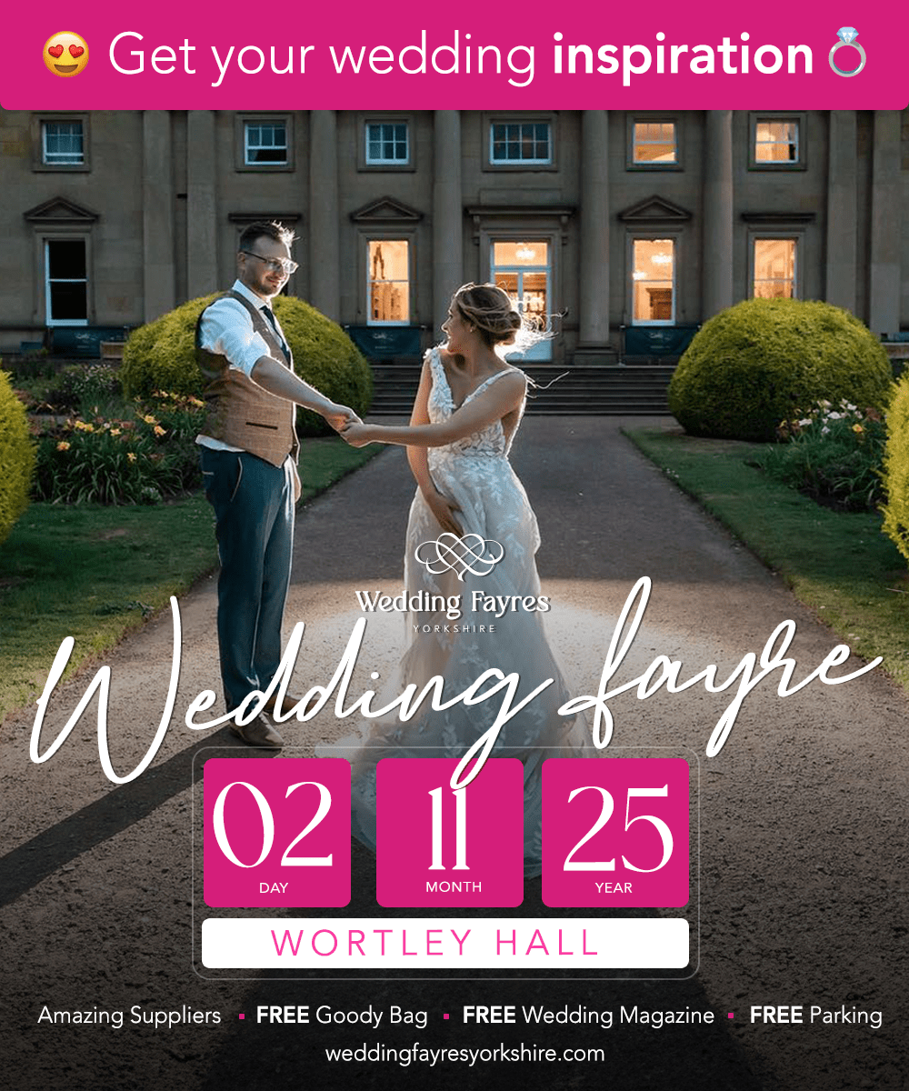 A bride and groom stand outside a grand building at dusk, holding hands. Wedding Fayres event details are displayed: November 2, 2025, at Wortley Hall.