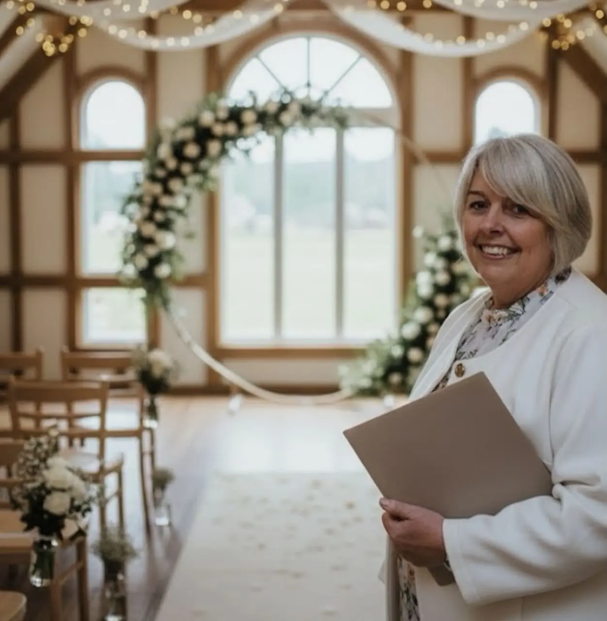A woman holding a folder stands in a decorated indoor wedding venue with floral arrangements, wooden chairs, and string lights.