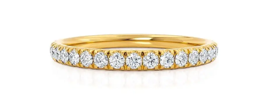 A yellow gold ring featuring a continuous row of round-cut white diamonds set along the band.