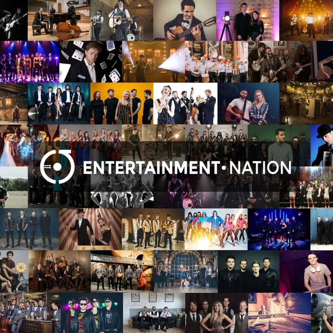 Collage of wedding entertainers showing bands, DJs, solo singers and wedding entertainers on a colourful background