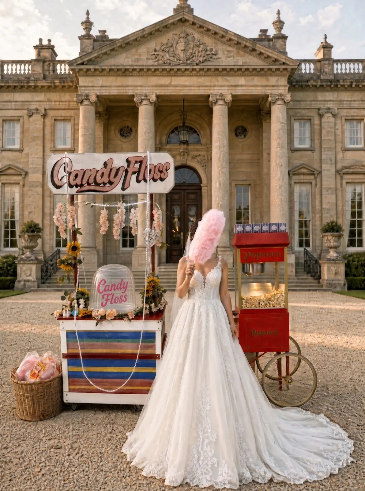 A bride in a white wedding dress stands in front of a stone mansion, holding a pink candyfloss cone in front of her face between a candyfloss cart and a popcorn machine.