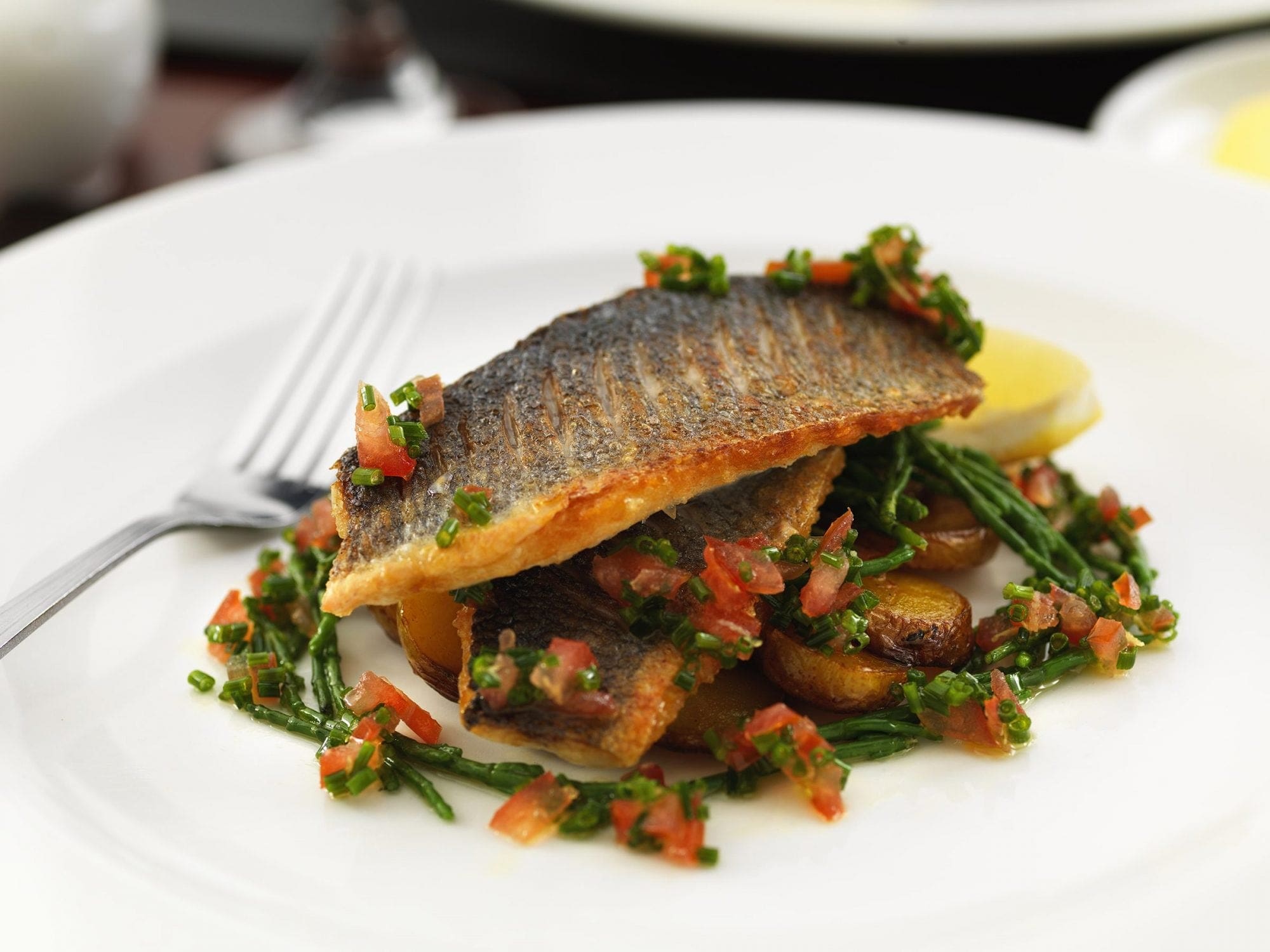 A plate of fish and vegetables on a white plate, perfect for a wedding reception menu.
